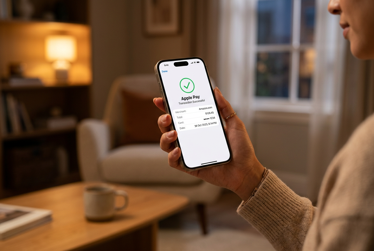 A hand holding an iPhone displaying a successful Apple Pay transaction confirmation.