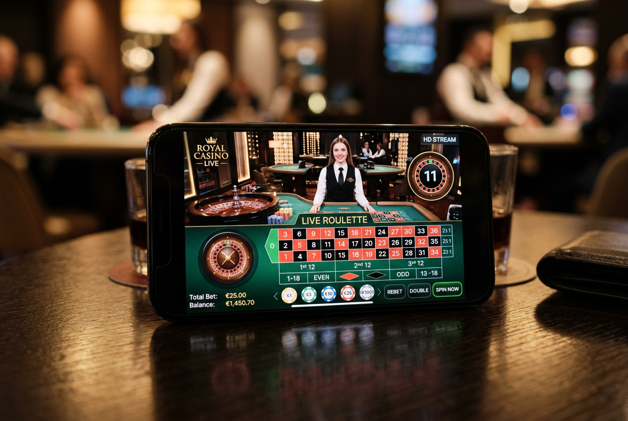 A smartphone displaying a high-definition live casino roulette game interface.