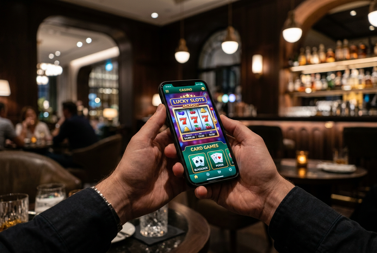 A person using a smartphone to play casino games in a modern lounge.
