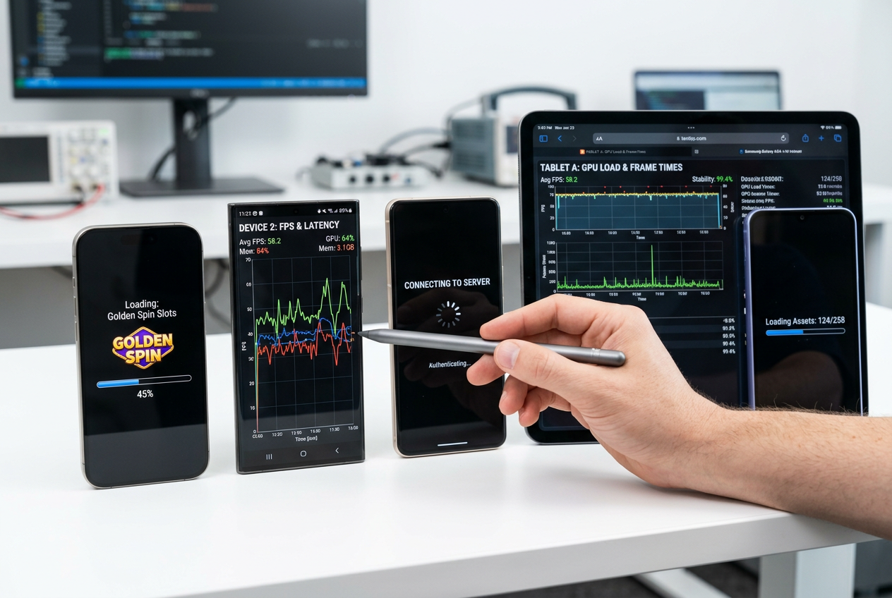 Multiple mobile devices on a desk for technical testing.
